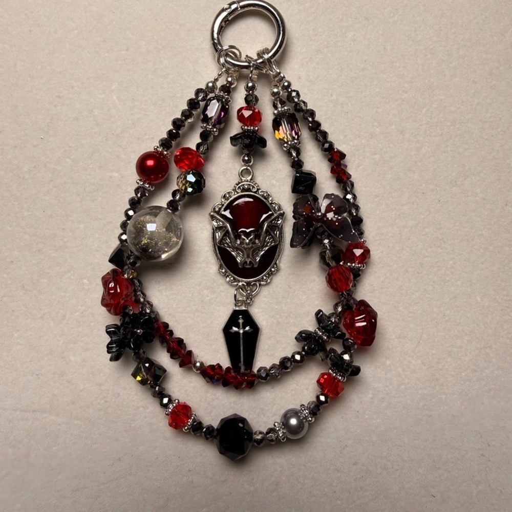 Bat Coffin Red Beaded Wristlet Keychain Crystal Phone Strap Handmade Gothic Bag